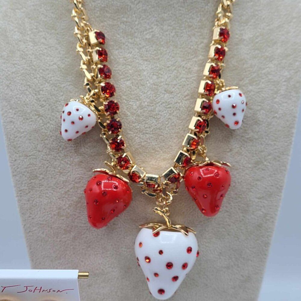 Betsey Johnson Enamel Red Crystal Strawberry Necklace & Earring Set NWT! NEW! - Picture 9 of 12